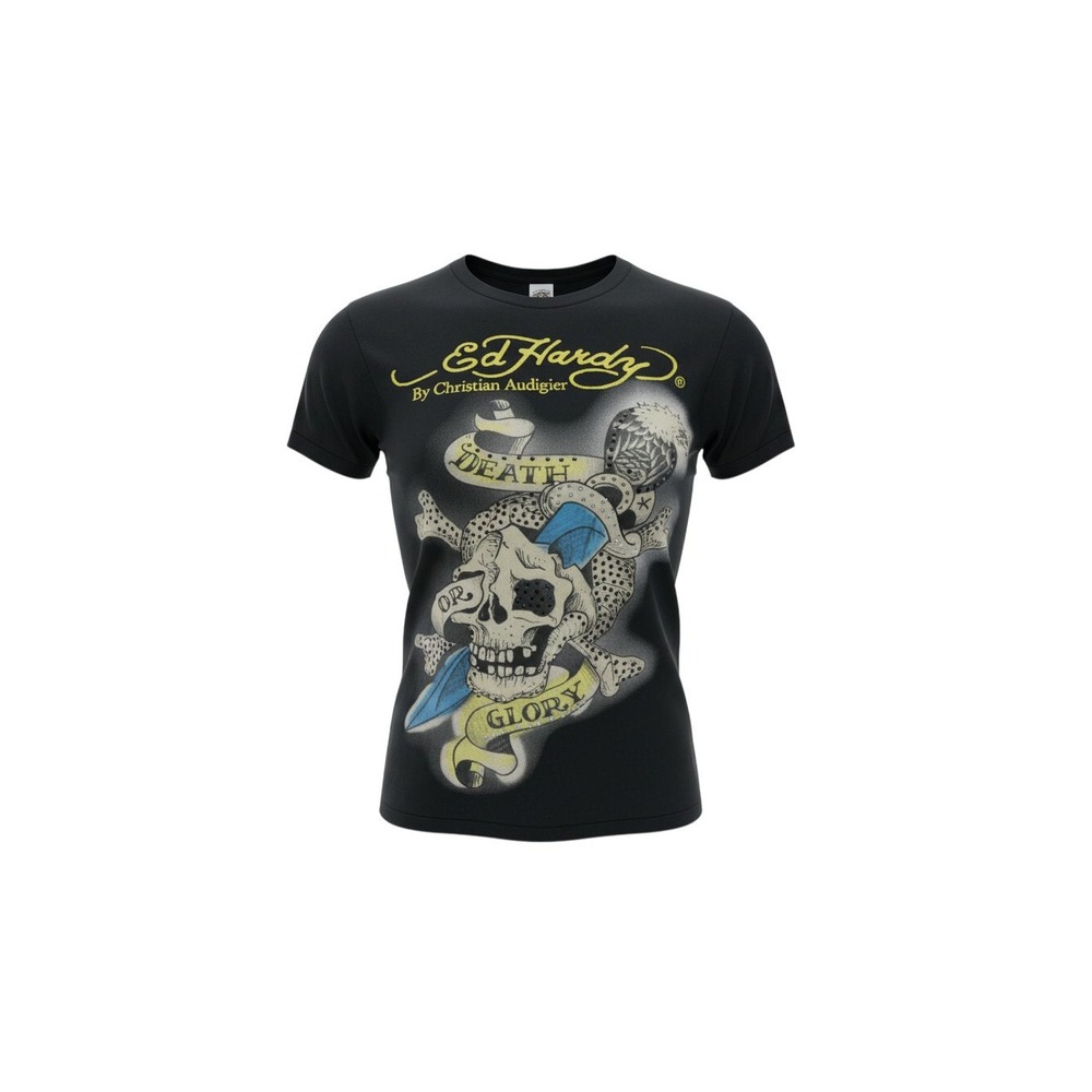 Ed Hardy T-Shirt Mens Medium Black Death or Glory Skull Rhinestone Graphic Tee